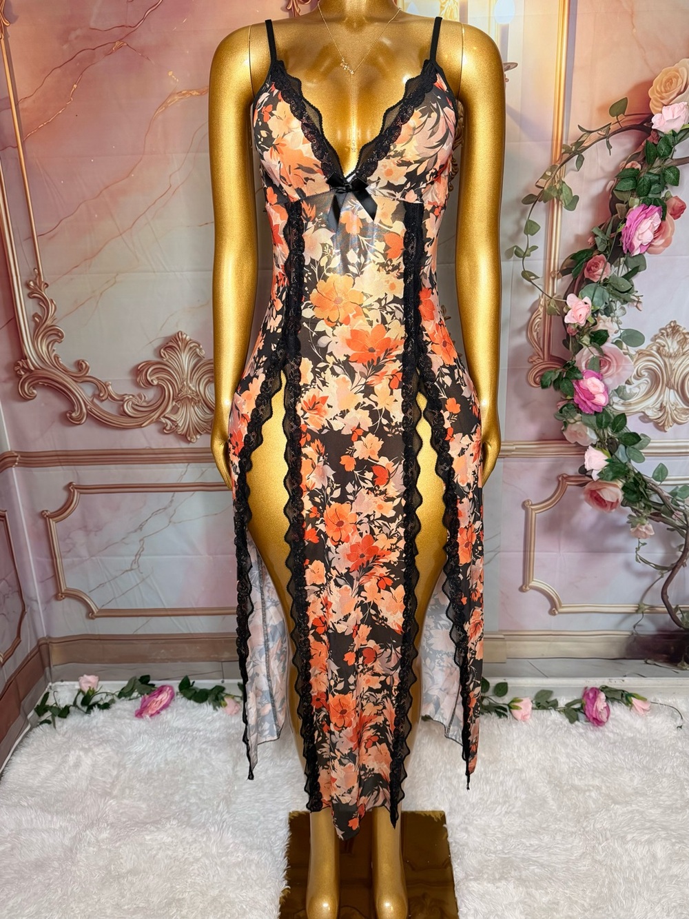 Midnight Bloom Black & Peach Floral Lace Double-Slit Gown
